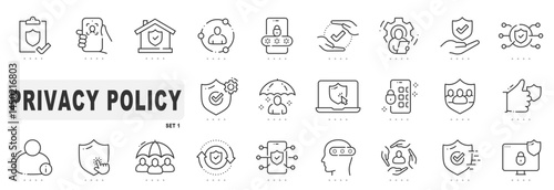 Set of privacy policy related line icons. Protection, shield, datum etc. Editable stroke