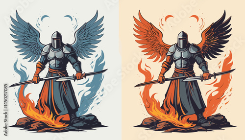Angelic Warrior's Dual Guardianship: A strong armored warrior, majestic wings outstretched, stands guard amidst vibrant flames and cool waters, symbolizing the eternal balance of power.