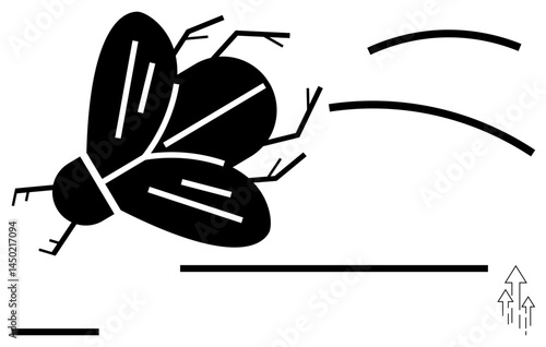 Stylized black fly in flight with simple abstract motion lines. Ideal for ecosystems, science, nature, biology, environment, pest control, simple landing page