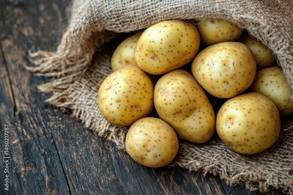 Fresh premium potatoes in burlap sack on rustic wooden table Fresh premium potatoes in burlap sack on rustic wooden table