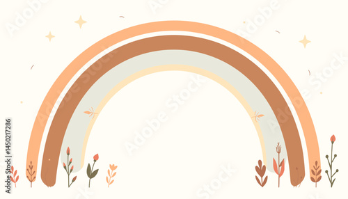 Whimsical Rainbow Illustration: A delightful, hand-drawn rainbow arches gracefully over a bed of stylized flora, evoking a sense of joy, serenity, and childlike wonder.