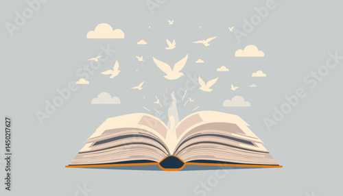 Book of Enlightenment: An open book with pages glowing, with doves and clouds, symbolizing knowledge, imagination and the journey of enlightenment. 