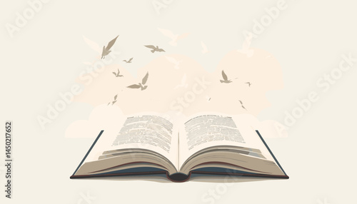 Open Book and Soaring Flight: An open book, symbolizing knowledge and imagination, releases a flock of birds into the sky, representing freedom and limitless possibilities.