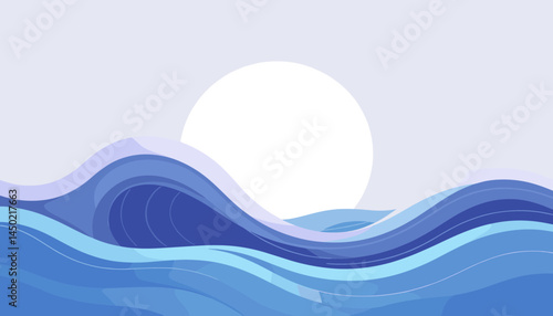 Oceanic Symphony: A tranquil illustration of ocean waves cascading under the soft glow of the sun, evoking a sense of serenity and vastness.