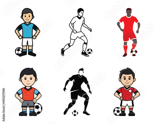 Set of Soccer Player Illustrations – Cartoon and Silhouette Football Characters with Ball in Various Poses