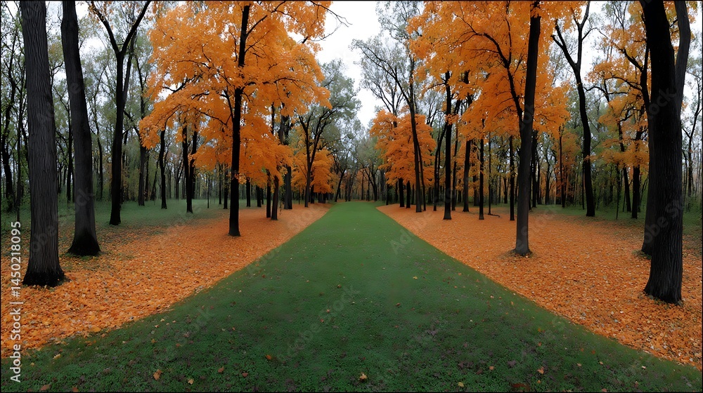 Fototapeta premium Golden Autumn Path Fall foliage lines a parks green pathway.