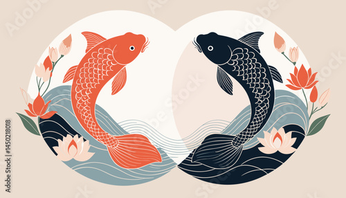 Yin Yang Koi Fish Harmony: A balanced representation of yin and yang, illustrated with two koi fish in shades of orange and black, symbolizing harmony and duality within a tranquil water environment.