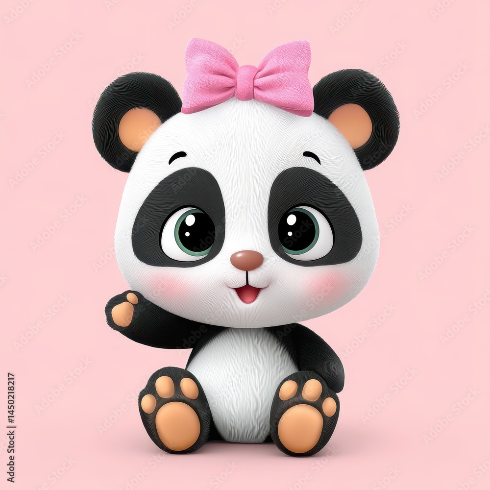 Obraz premium Adorable Cartoon Panda Cub with Pink Bow on Pink Background