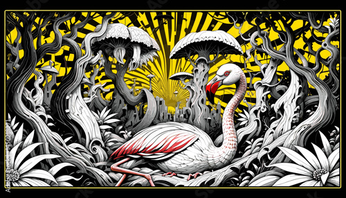 Flamingo Wonderland: A surreal illustration featuring a flamingo set in a whimsical, fantasy landscape, with fantastical mushrooms, unique trees, all set against a striking background.