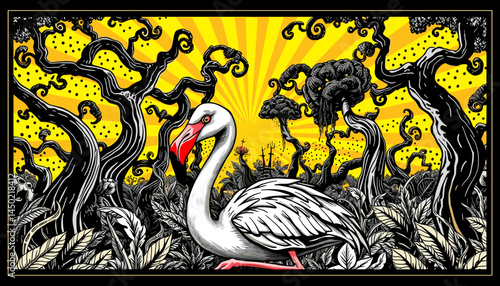 Flamingo in the Mystical Grove: A vibrant artistic creation presents a graceful flamingo, perched amidst a stylized forest with a surreal, captivating aesthetic.