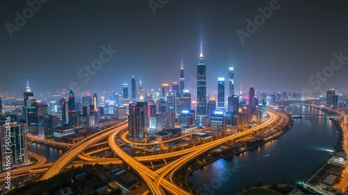 Dynamic Aerial Hyperlapse of Vibrant Night Cityscape