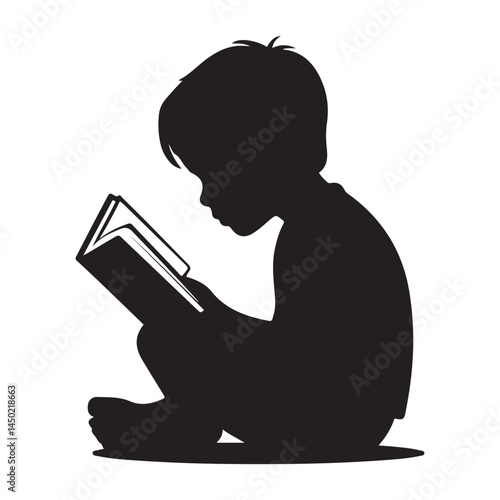 Kid Boy Child Read a Book Vector Black silhouettes. with white background