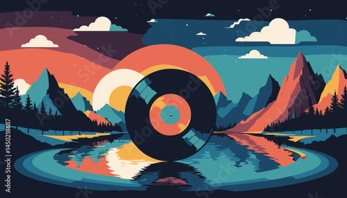 Vinyl in the Wild:  A stylized graphic illustration depicting a black vinyl record floating on a serene mountain lake, surrounded by a vivid landscape of mountains, sky, and clouds.