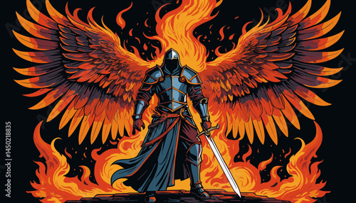 Guardian of Flame: An imposing armored figure, framed by wings of fire and wielding a sword. The fiery embodiment of protection and strength.