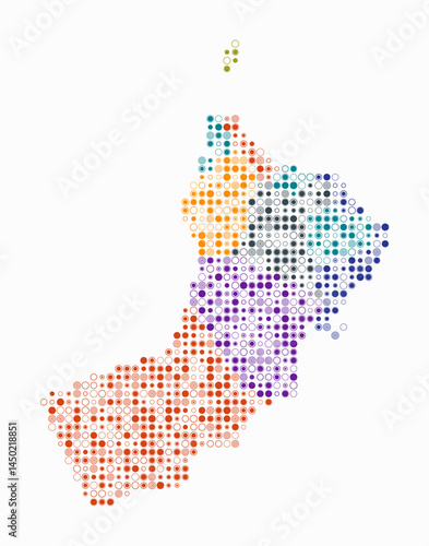 Oman, shape of the country built of colored cells. Digital style map of Oman on white background. Small size circle blocks. Simple vector illustration.