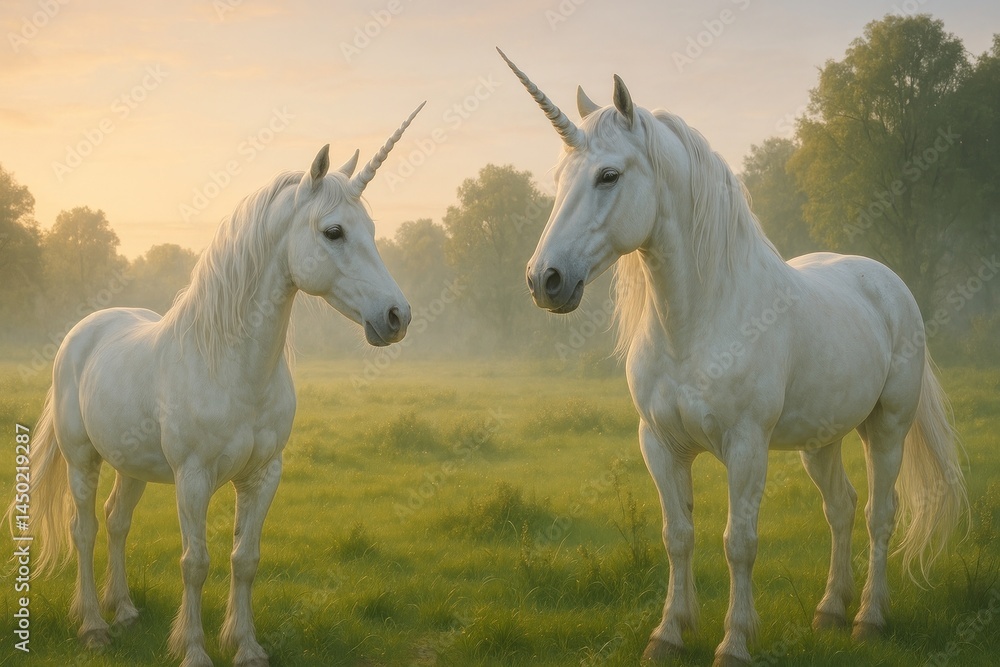 Obraz premium Majestic unicorns in serene meadow.