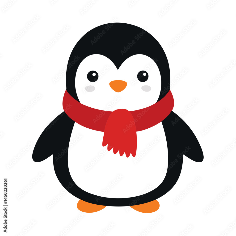 Cute Cartoon Penguin With Red Scarf Standing Isolated On White Background Cute Cartoon Penguin With Red Scarf Standing Isolated On White Background