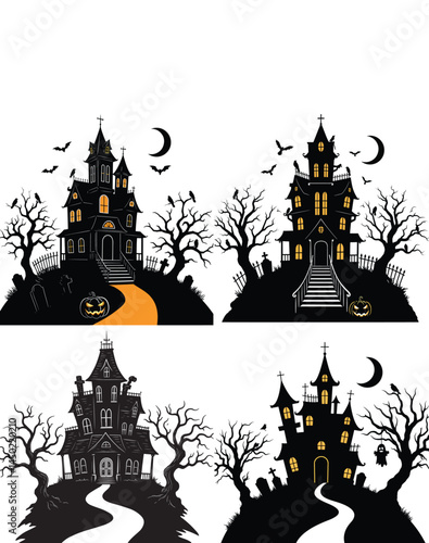 spooky haunted house illustrations eerie details glowing windows barren trees bats crescent moons halloween designs