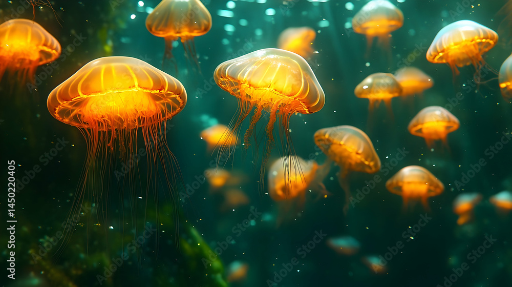 Submerged jellyfish in a vibrant underwater scene. Submerged jellyfish in a vibrant underwater scene.