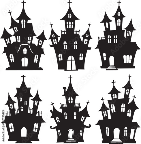 spooky haunted house silhouettes eerie white windows chilling halloween scenes  