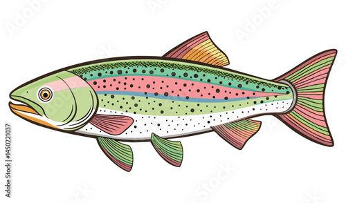 Isolated sea animal illustration of a fish, caught by fishing, shown against white and blue backgrounds