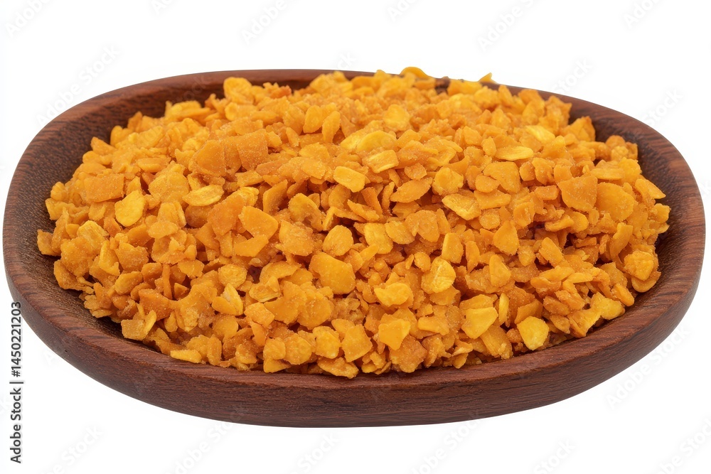 Close-up of vibrant yellow corn flakes in a wooden bowl, showcasing texture and color Close-up of vibrant yellow corn flakes in a wooden bowl, showcasing texture and color