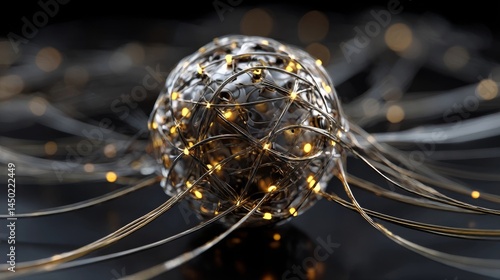 Metallic sphere of neural wires with glowing yellow lights on black reflective surface