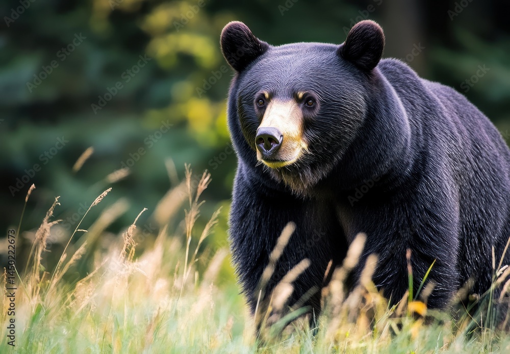 Majestic Black Bear Strolling Through Lush Green Grass in the Wild, Capturing Nature's Beauty and Strength in a Serene Natural Habitat Majestic Black Bear Strolling Through Lush Green Grass in the Wild, Capturing Nature's Beauty and Strength in a Serene Natural Habitat
