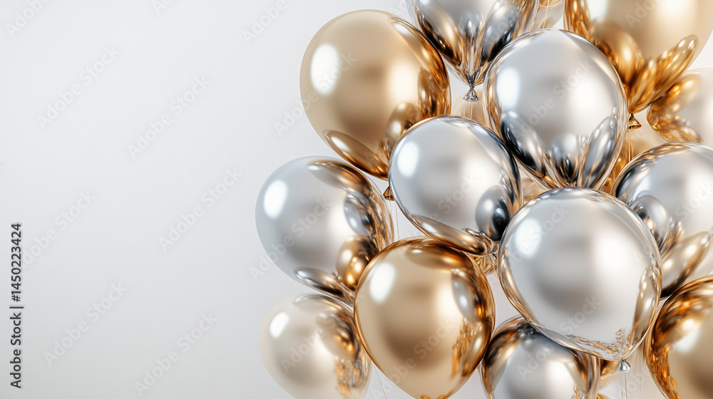 Shiny gold and silver balloons cluster, creating a celebratory and luxurious feel, ideal for festive or celebratory backgrounds Shiny gold and silver balloons cluster, creating a celebratory and luxurious feel, ideal for festive or celebratory backgrounds