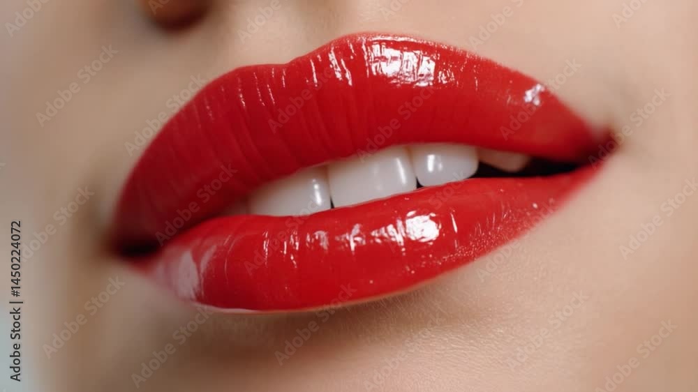 Lush Red Lips: An up-close shot of luscious, red-painted lips, beautifully reflecting the light and emphasizing the soft, inviting textures. Lush Red Lips: An up-close shot of luscious, red-painted lips, beautifully reflecting the light and emphasizing the soft, inviting textures.