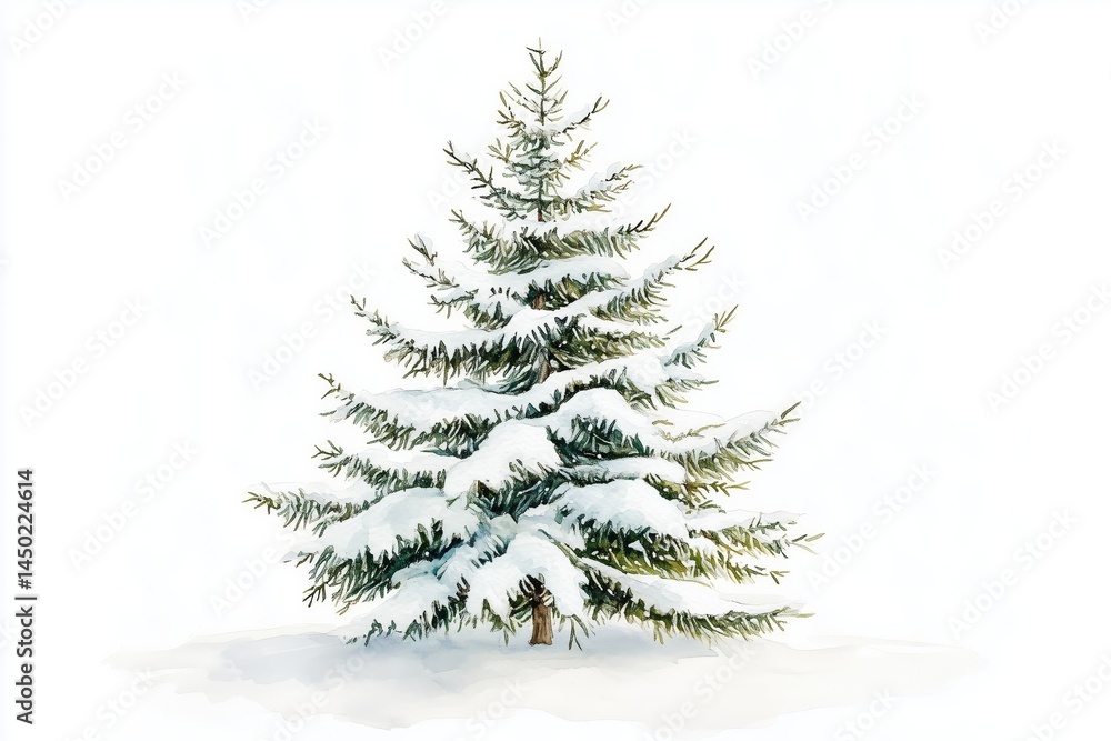 Obraz premium Watercolor of a snow-covered pine tree, capturing the essence of winter, minimalistic clipart isolated on white background