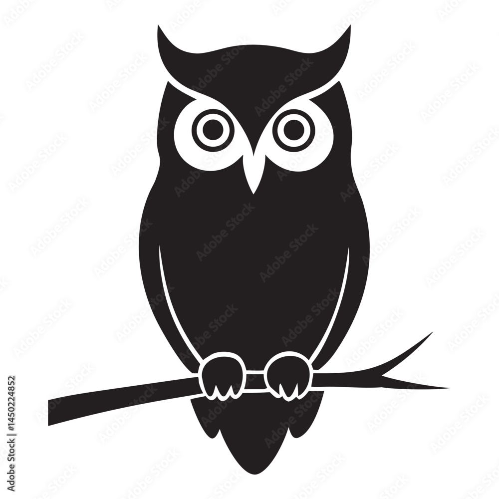 Obraz premium Minimalist Owl on Branch Vector, Stylish Black Silhouette of an Owl on a Branch, Owl icon, Owl logo, Owl vector silhouette