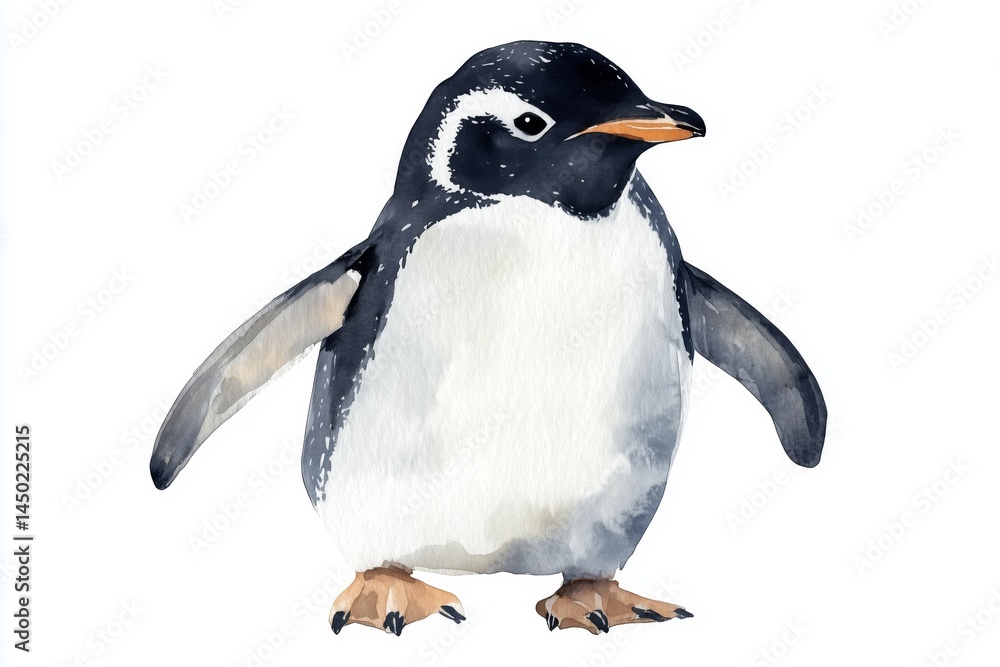 Obraz premium Watercolor of a waddling penguin with smooth feathers, minimalistic clipart isolated on white background