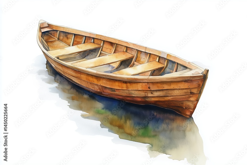 Watercolor of a wooden rowboat floating on calm waters, minimalistic clipart isolated on white background Watercolor of a wooden rowboat floating on calm waters, minimalistic clipart isolated on white background