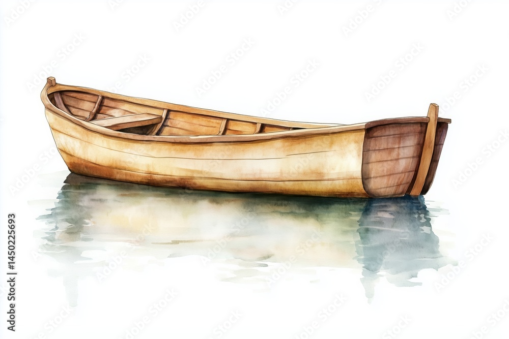 Obraz premium Watercolor of a wooden rowboat floating on calm waters, minimalistic clipart isolated on white background