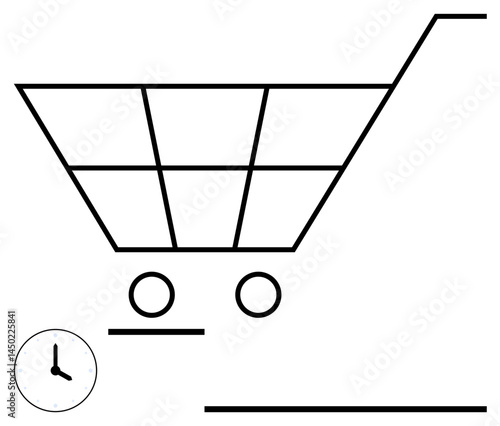 Minimalist shopping cart with time clock suggesting efficiency, shopping, scheduling, or delivery. Ideal for e-commerce, time savings, retail planning, logistics, business priorities consumer