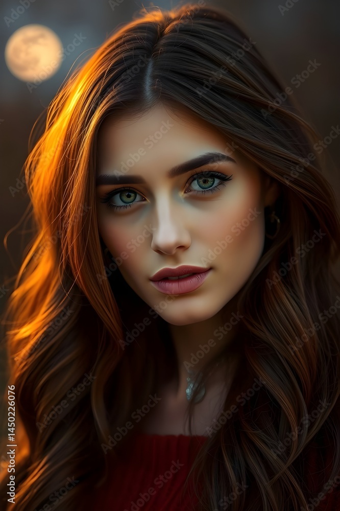 Fototapeta premium Beautiful Woman with Brown Hair and Green Eyes in Golden Light