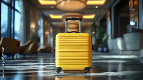 A cheerful yellow suitcase poised in a hotel lobby anticipates an exciting adventure ahead.