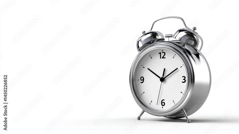 Silver alarm clock close up shot on white background Silver alarm clock close up shot on white background