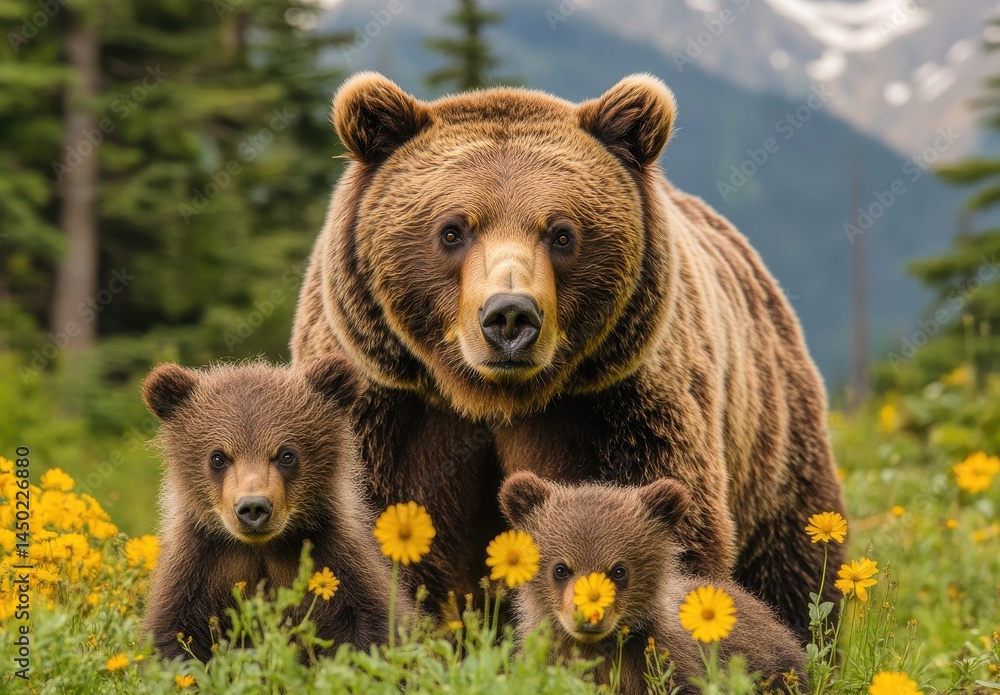 Fototapeta premium Majestic brown bear family with two adorable cubs surrounded by vibrant flowers in a lush green meadow during a sunny day in the wilderness