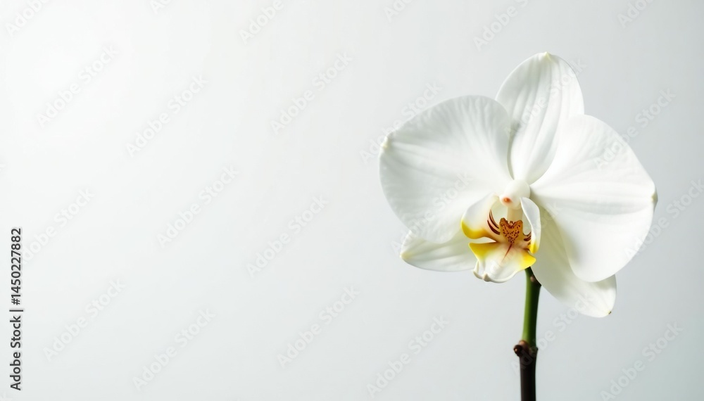 Obraz premium Delicate white orchid blossom against pure white backdrop, tranquil, closeup