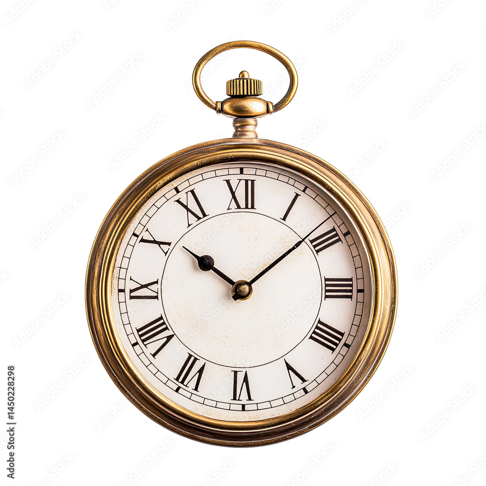 Antique pocket watch, showing the time. A round, gold-toned pocket watch with Roman numerals on a cream-colored face. Precise timekeeping Antique pocket watch, showing the time. A round, gold-toned pocket watch with Roman numerals on a cream-colored face. Precise timekeeping