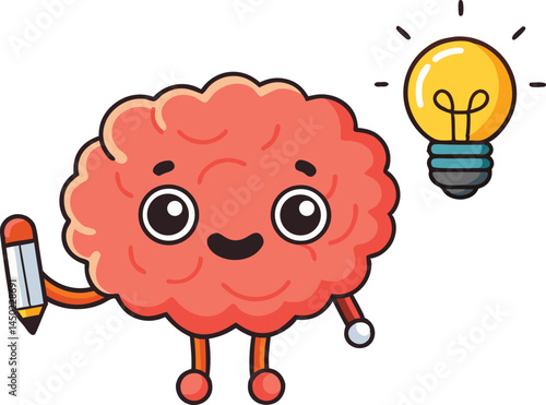 Kawaii Brain Character Vector – Creative Educational Icon with Pencil and Light Bulb