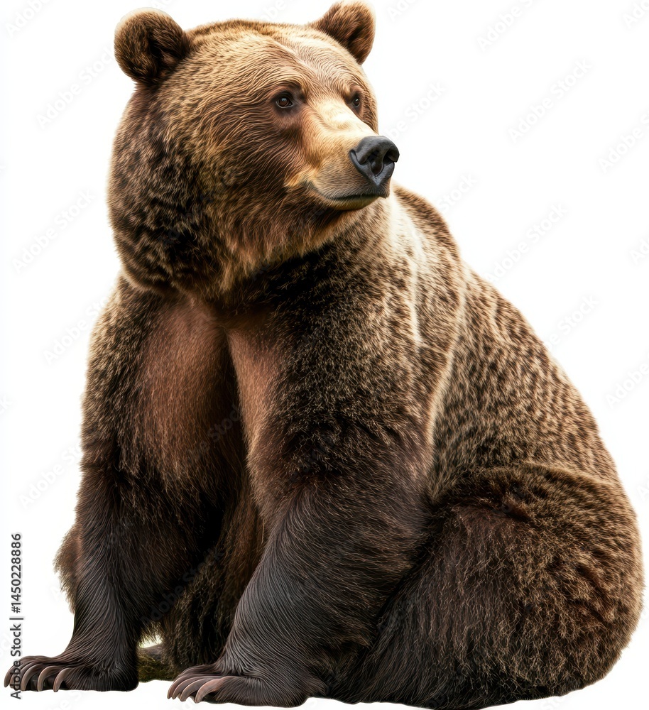 Obraz premium Majestic Grizzly Bear Sitting Gracefully in Profile Displaying Thick Fur and Strong Physique Perfect for Wildlife and Nature Photography