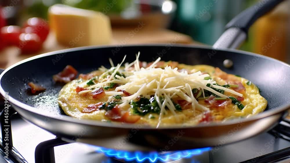 Golden Omelette Delight: A close-up captures a beautifully prepared omelette sizzling in a pan over a gas flame. The image highlights the art of cooking and the joy of a delicious, homemade meal. Golden Omelette Delight: A close-up captures a beautifully prepared omelette sizzling in a pan over a gas flame. The image highlights the art of cooking and the joy of a delicious, homemade meal.