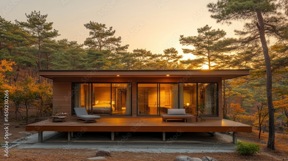 Fototapeta premium Modern cabin nestled in autumn forest