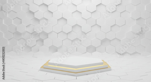 White hexagonal geometric podium with gold accents in a modern setting. Empty platform for showcasing products in a clean, minimalist design.
