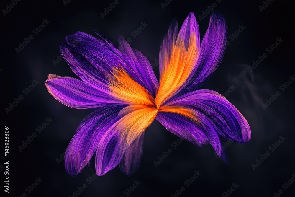 Abstract flower-like design, vibrant purple and orange petals, soft edges, on a dark background Abstract flower-like design, vibrant purple and orange petals, soft edges, on a dark background