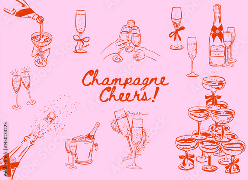 Set of hand drawn Champagne Cheers illustrations, Hands clinking champagne glasses, Champagne cooler and champagne cork popping, Vector ink doodle illustrations for invitations, menus and web icons