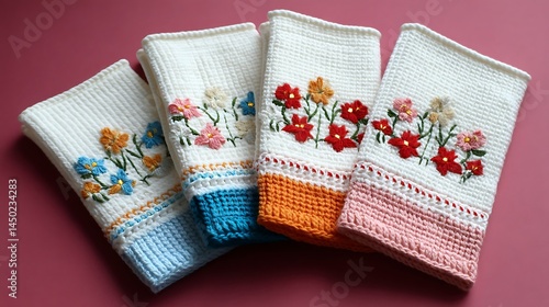 Colorful Handcrafted Crochet Dish Towels with Floral Embroidery on a Pink Background